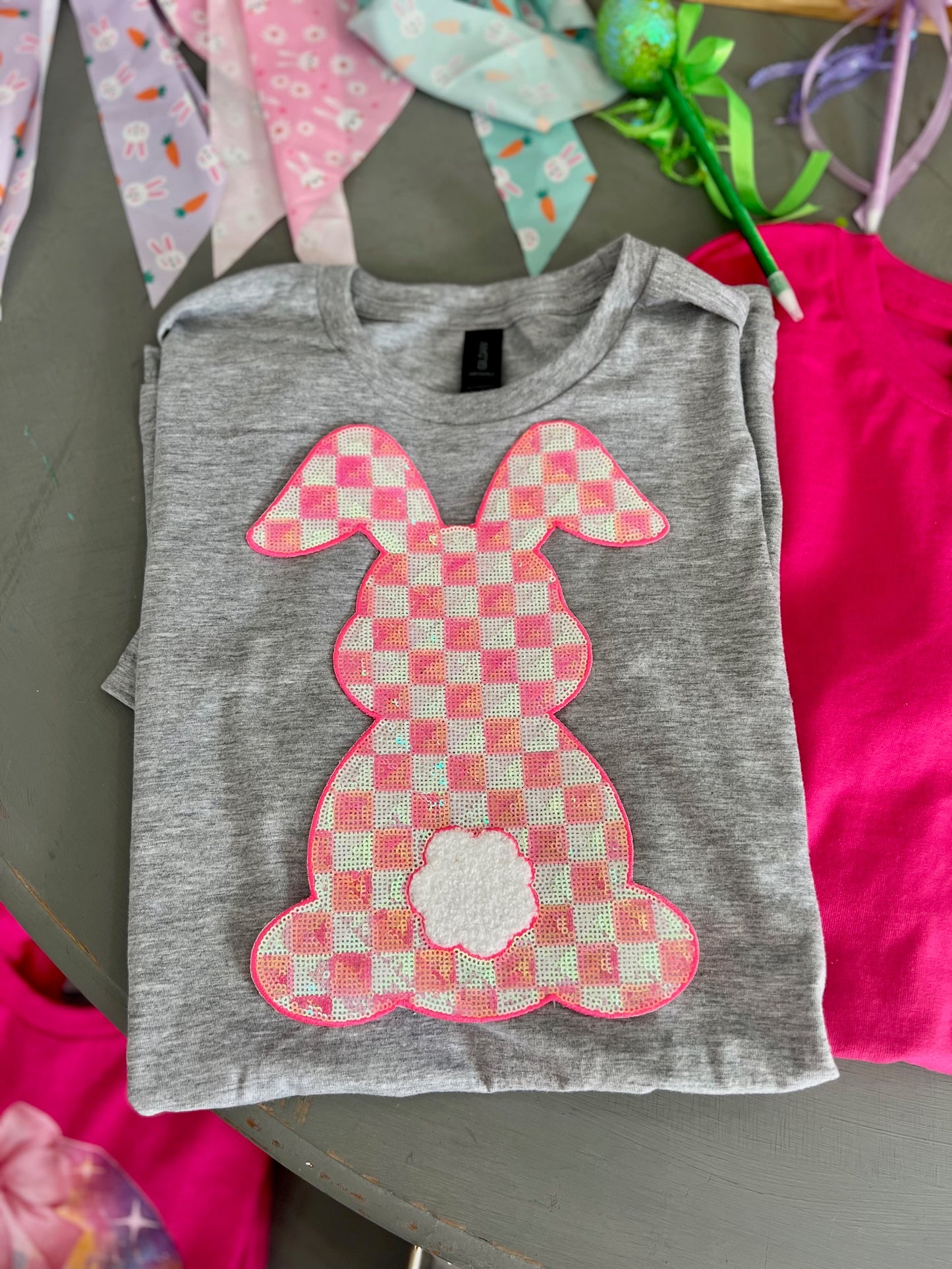 Sequin Checkered Easter Bunny T-shirt | CHOOSE YOUR TEE