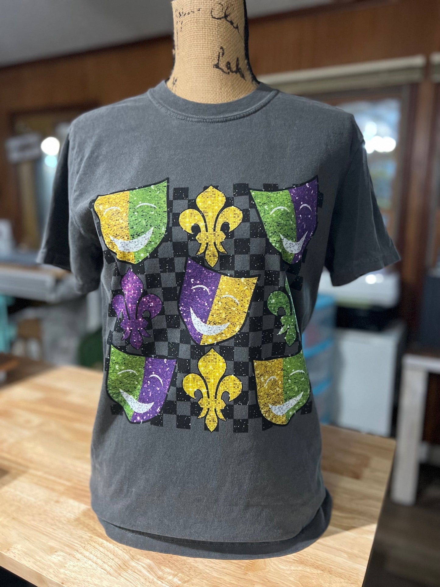 Mardi Gras Mask and checker t-shirt