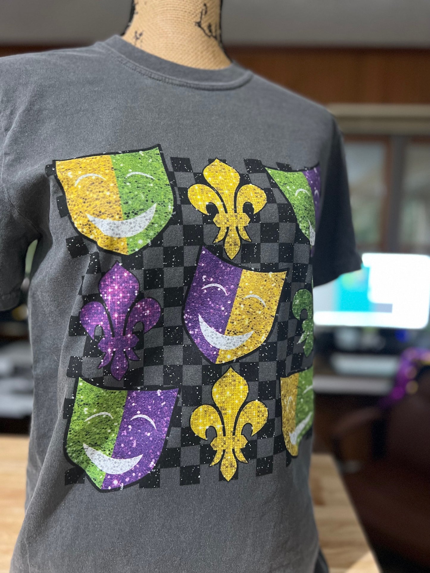 Mardi Gras Mask and checker t-shirt