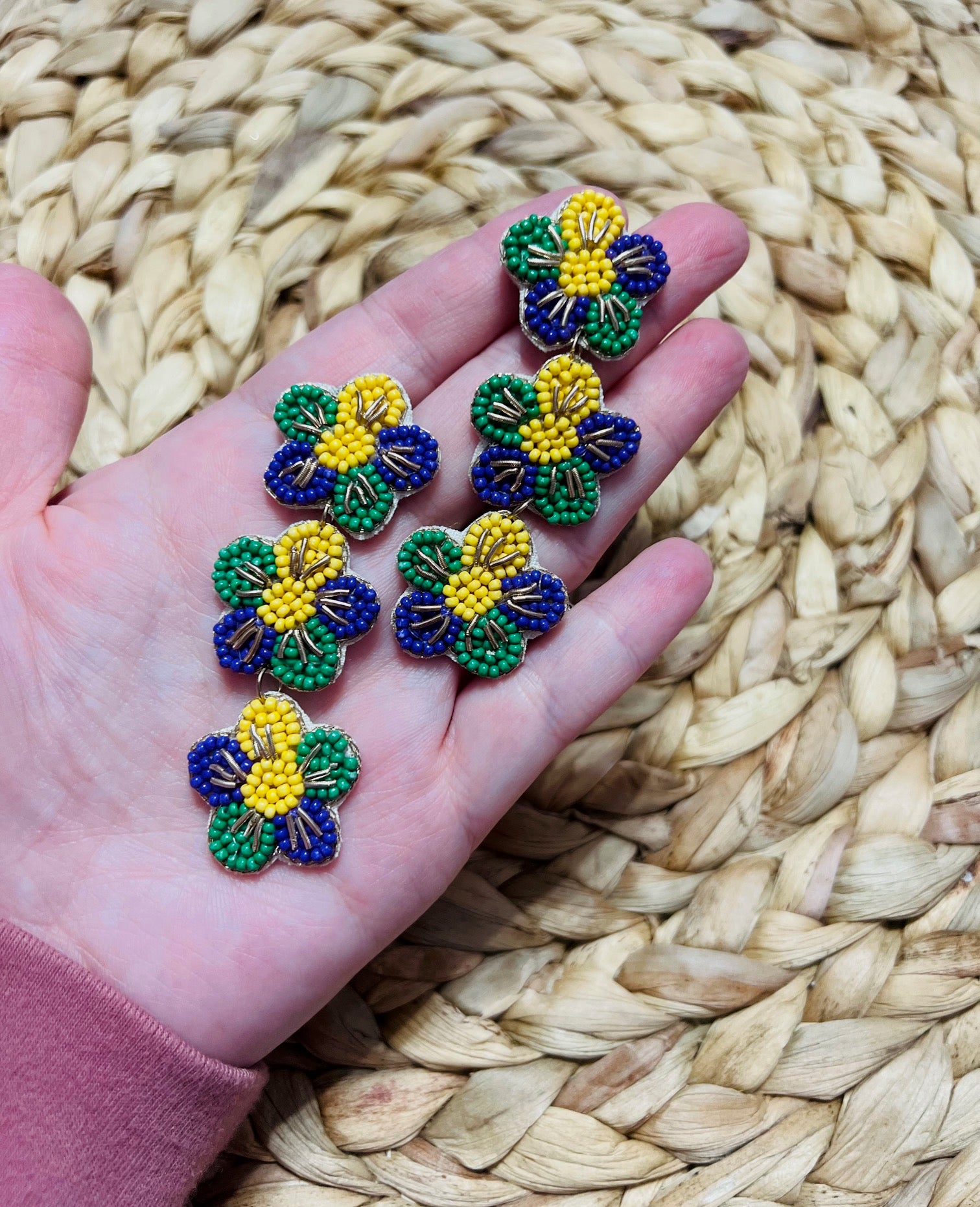 Mardi Gras flower seed bead earrings