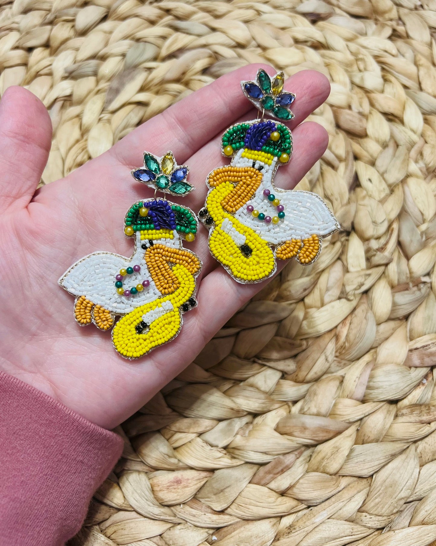 Mardi gras jazz pelican seed bead earrings