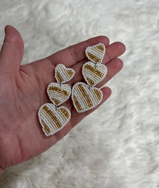 White and Gold Heart Seed bead earrings