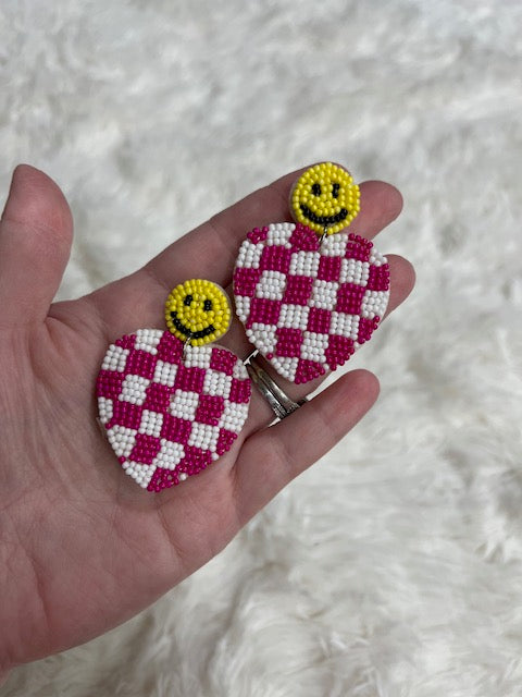 Pink and White Checkered Heart beaded earrings