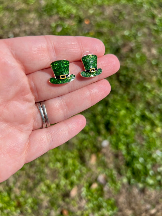 St Patrick's day sparkle hat earring studs