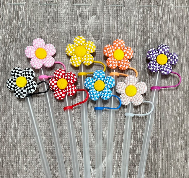 Checkered Flower Straw toppers