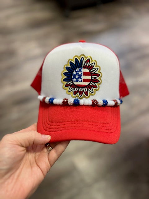 Red, white and blue sunflower flag trucker hat with chain | patriotic