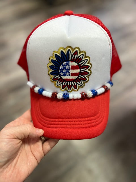 Red, white and blue sunflower flag trucker hat with chain | patriotic