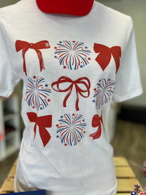 Red. White and Blue Bows and Fireworks t-shirt