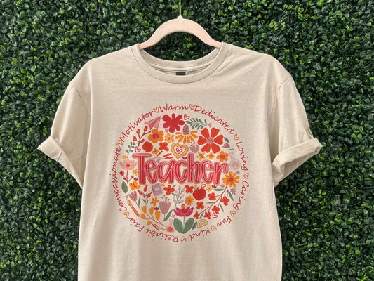 Retro Floral Teacher T-shirt

Perfect for Teacher Appreciation Week!!

Gildan Soft style TAN&nbsp;

Small-3XL&nbsp;
