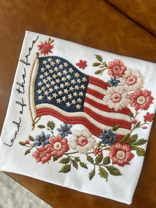 Land of the Free Printed Embroidered T-shirt
