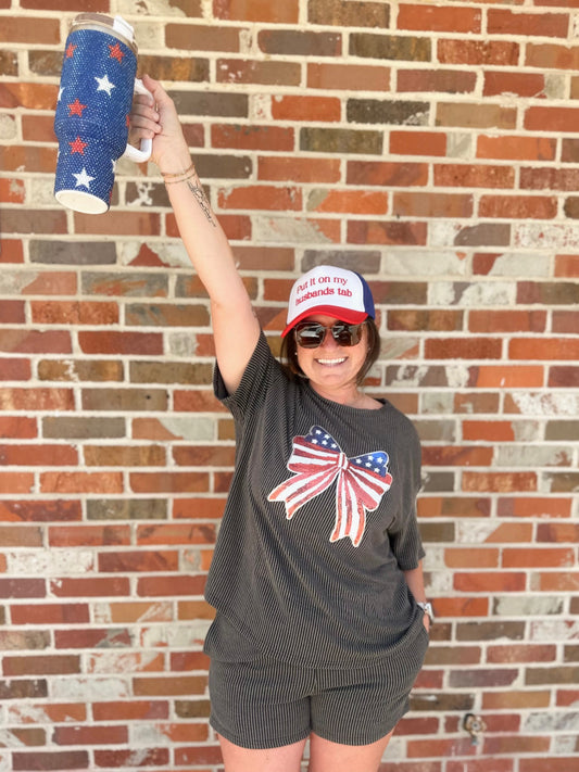 Sequin American Flag Bow Graphic Ribbed Tee and Shorts Set