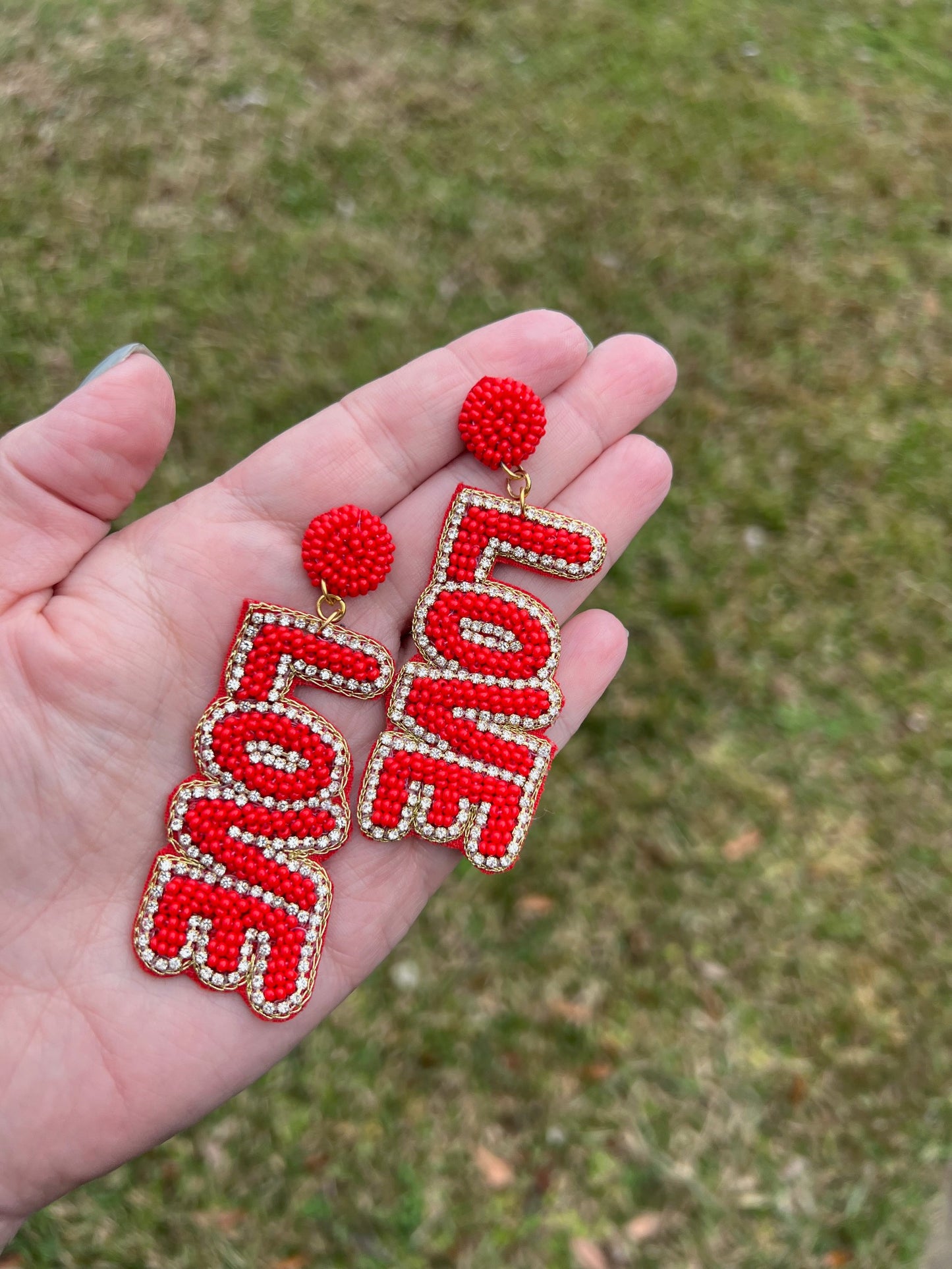 LOVE seed bead earrings red