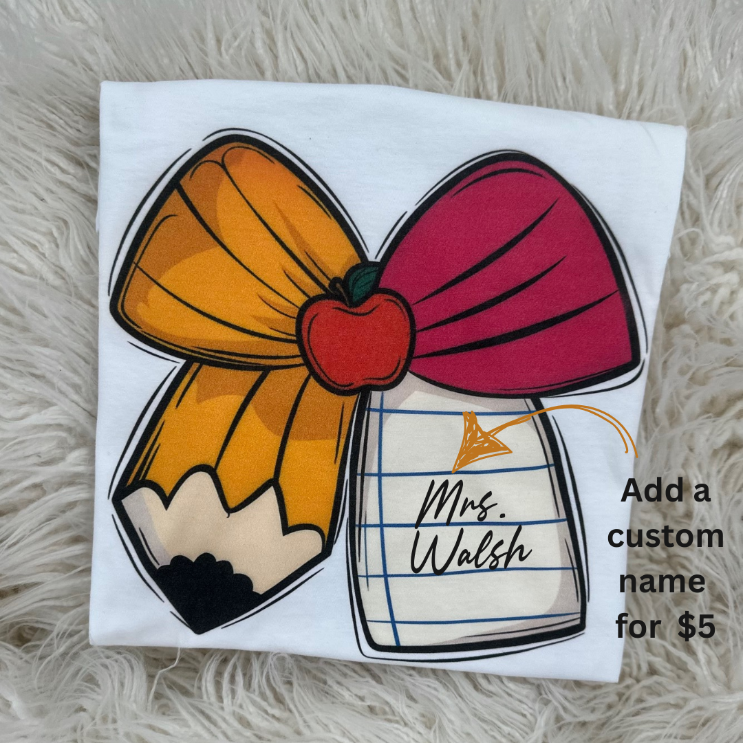 Teacher Pencil Bow | Can be customized

Add a custom name for $5

Gildan White Small-3xl

Great idea for Teacher appreciation!