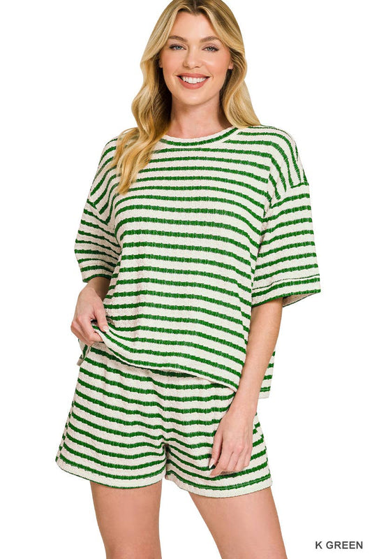 Striped Short Sleeve Tee And Shorts Set-green