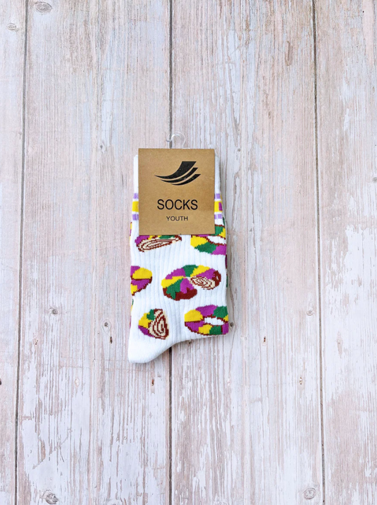 White Let Them Eat King Cake Ribbed Socks- YOUTH