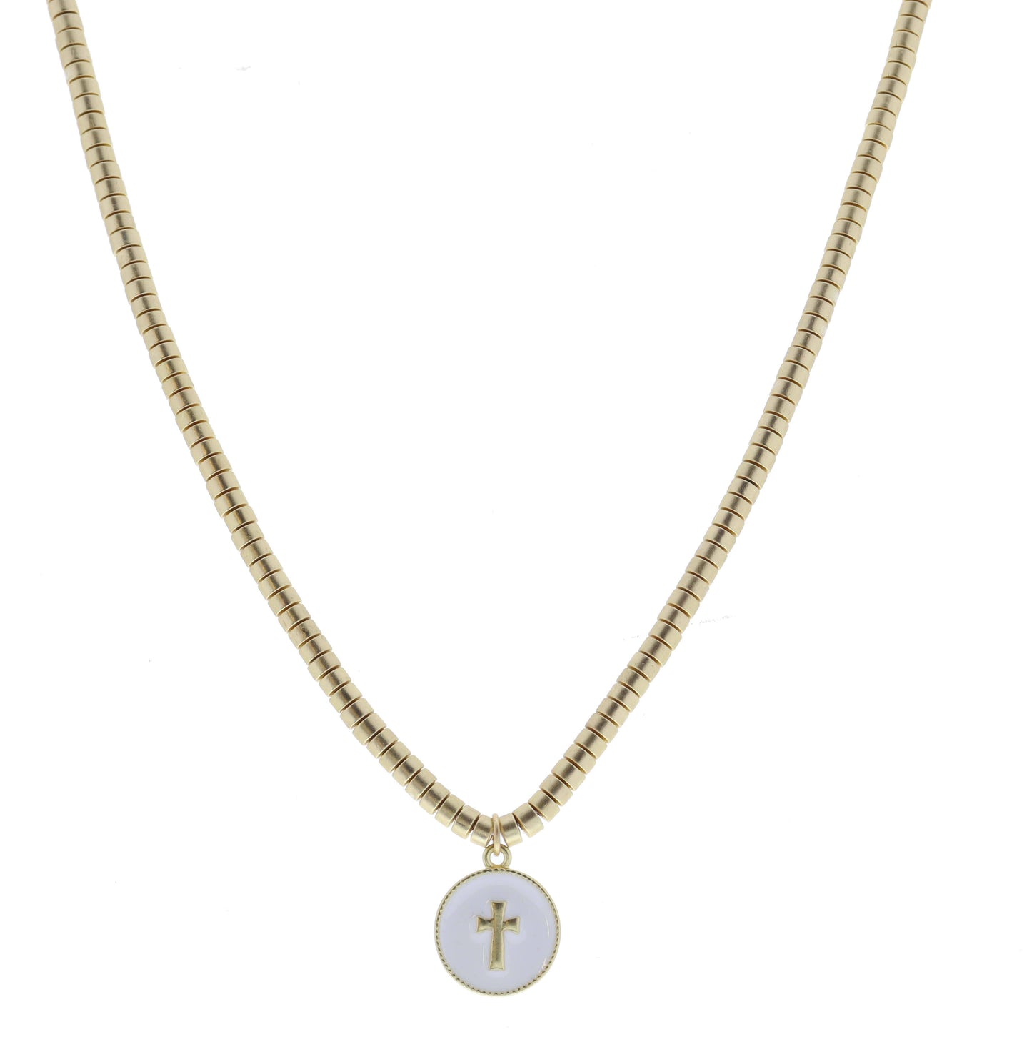 Gold Cyliner Disc Beaded with White Cross Circle Necklace