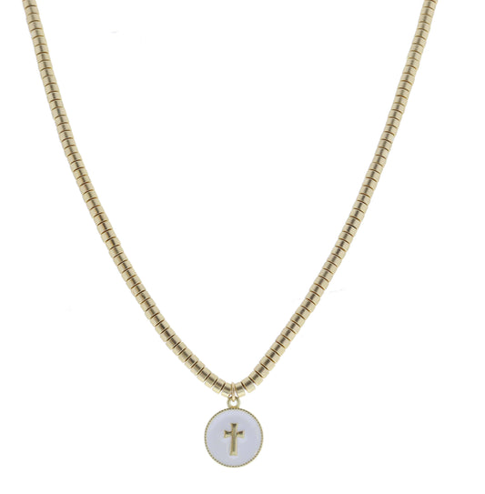 Gold Cyliner Disc Beaded with White Cross Circle Necklace