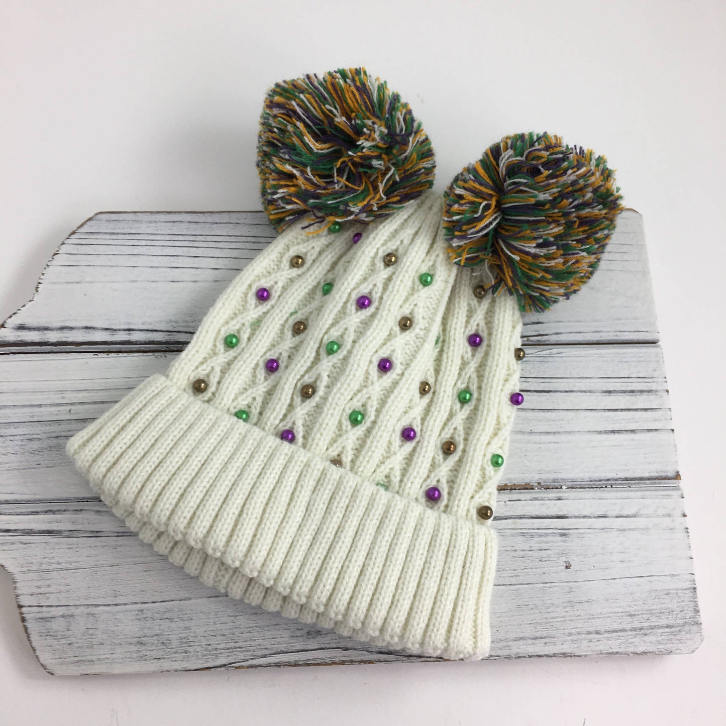 Pom Pom Mardi Gras Pearl beanie hat