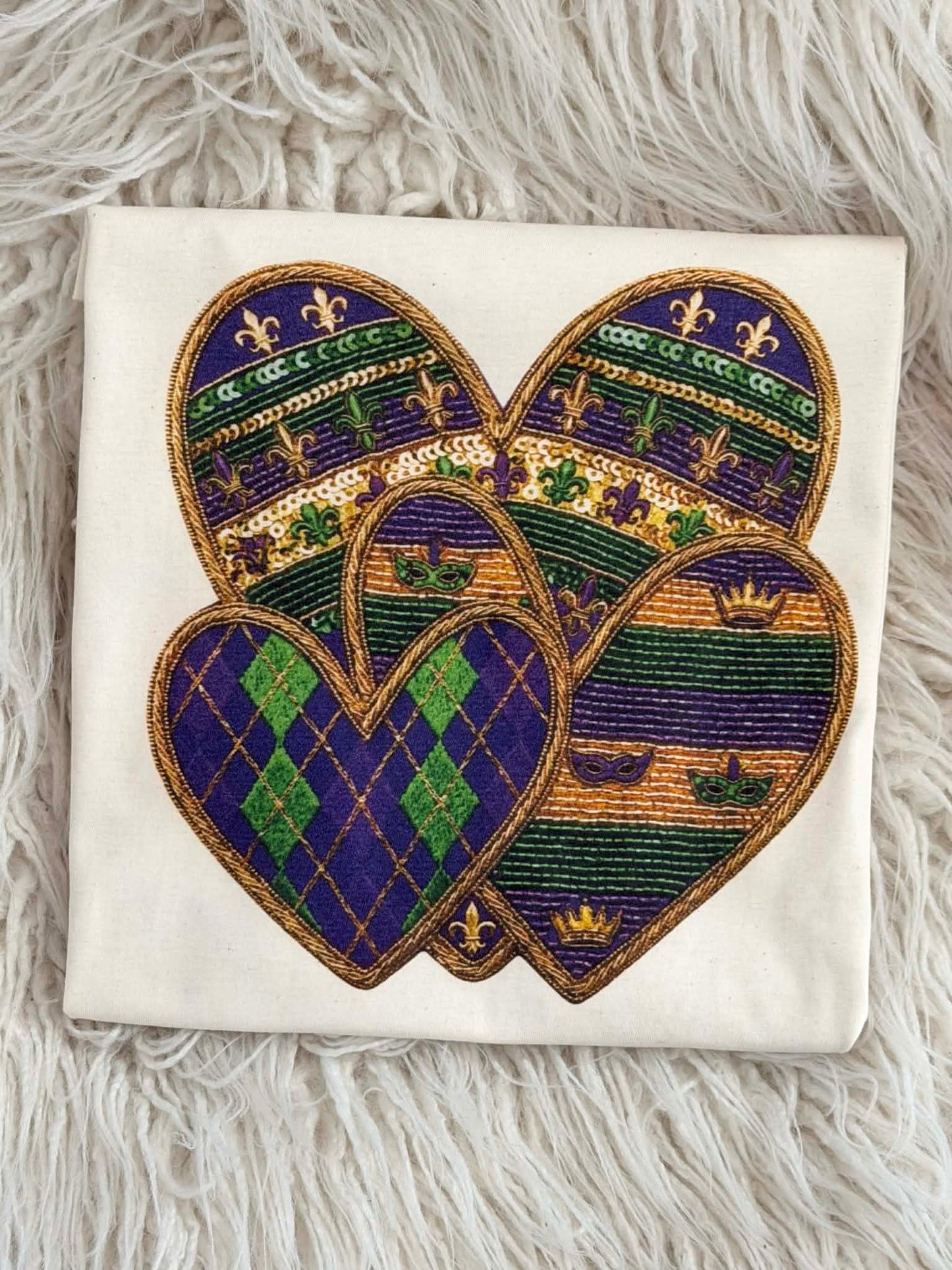 Faux Embroidered Mardi Gras Hearts