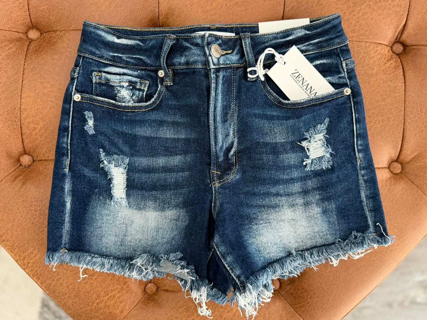 DARK WASHED RAW FRAYED HEM DENIM SHORTS
