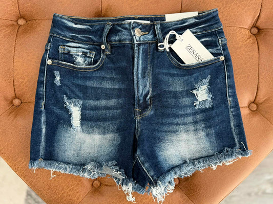 DARK WASHED RAW FRAYED HEM DENIM SHORTS