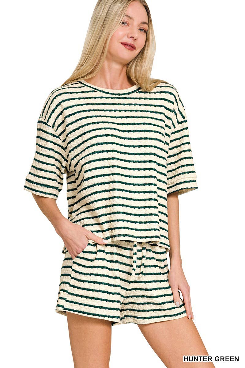 Striped Short Sleeve Tee And Shorts Set-green