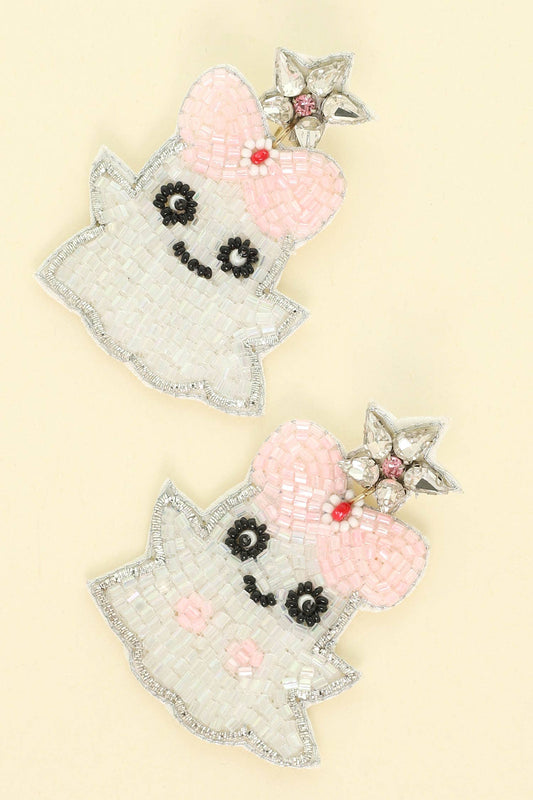 Halloween Ghost with Pink Bow Crystal Beaded Dangle Earrings