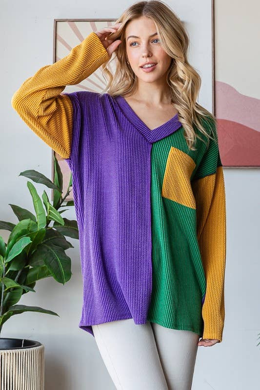 MARDI GRAS LONG SLEEVE RIB COLOR BLOCK TOP