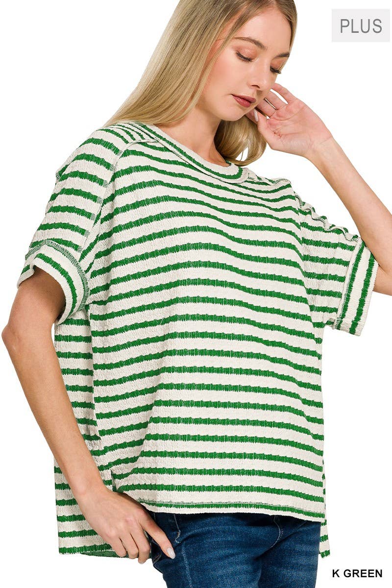 Plus Striped Short Sleeve Hi-low Tee- green