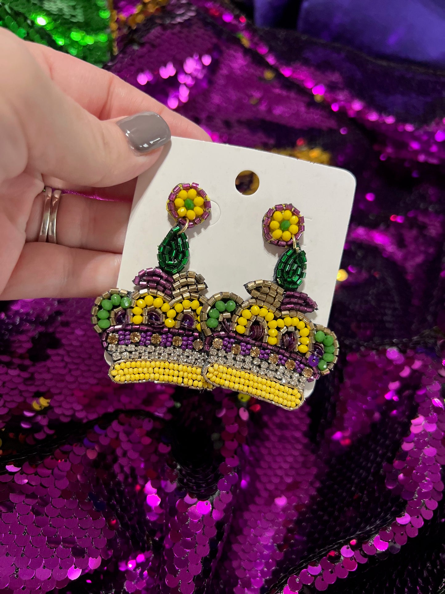 Mardi Gras Crown Seed Bead Earrings