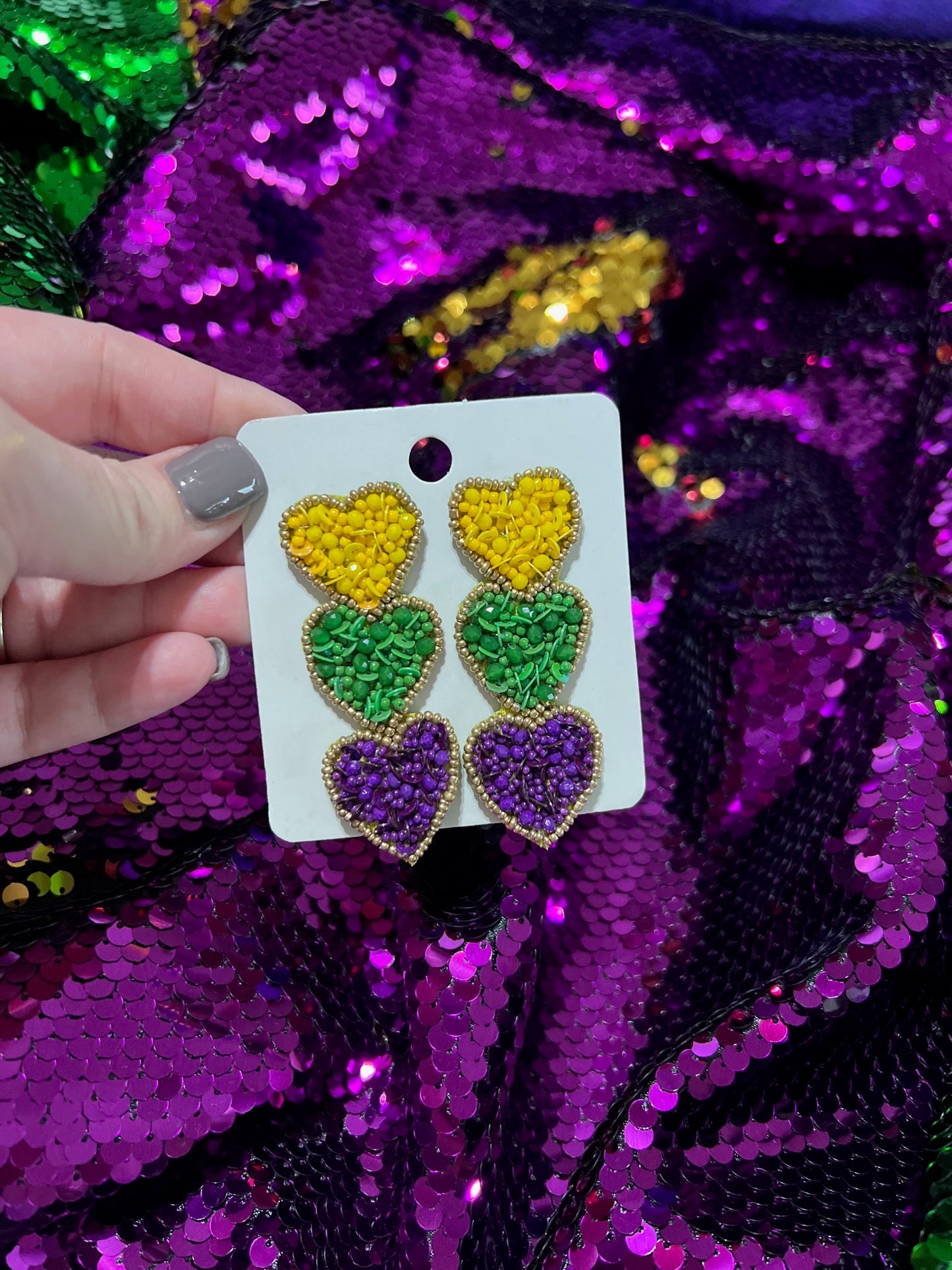 Mardi Gras Heart seed bead earrings